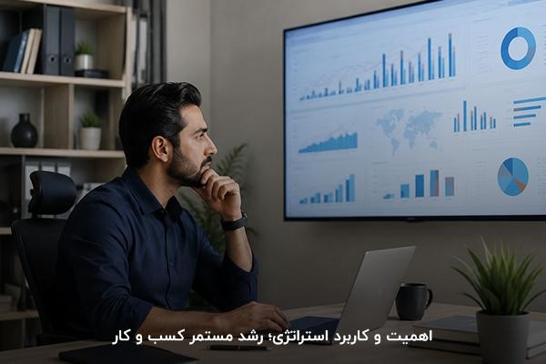 کارشناس بازاریابی مرد نشسته پشت میز با لپتاپ در حال تحلیل نمودارها در نمایشگر بزرگ روی دیوار