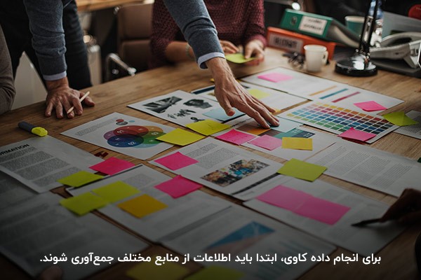 تیم کاری در حال بررسی نمودارها و یادداشتها برای تحلیل دادهها در داده کاوی