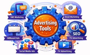 اینفوگرافیک ابزارهای تبلیغاتی شامل پیامک، ایمیل مارکتینگ، سئو و تبلیغات تلویزیونی