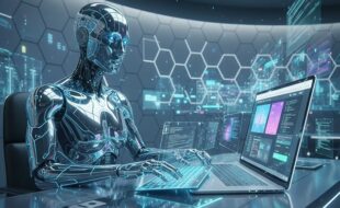 ربات هوش مصنوعی در حال کار با طراحی سایت با لپ‌تاپ