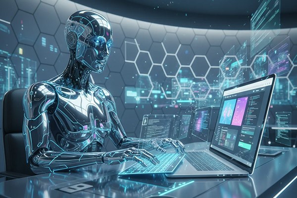 ربات هوش مصنوعی در حال کار با طراحی سایت با لپتاپ