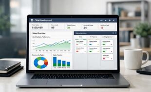 یک لپ‌تاپ روی میز کار با داشبورد CRM