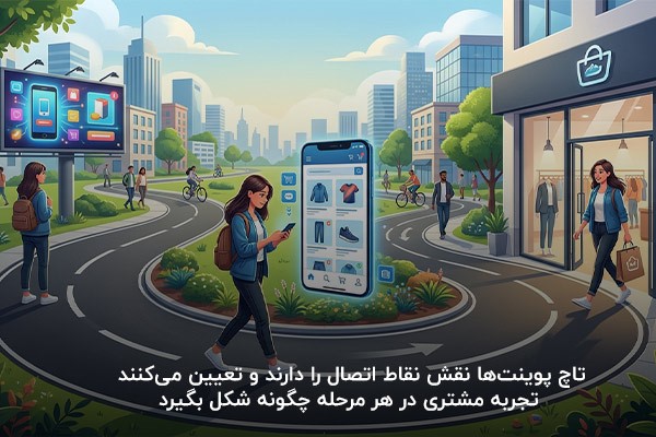 تصویر تاچ پوینت با نشان دادن مسیر یک خانم از اولین مواجه با برند تا خرید نهایی