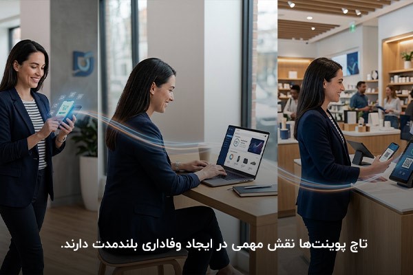 تصویر یک خانم در سه مرحله آشنایی و خرید نهایی که نشان دهنده تاچ پوینت موثر است