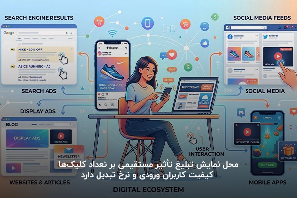 تصویر اینفوگرافی از یک دختر که در حال مشاهده تبلیغات کلیکی در فضاهای مختلف است