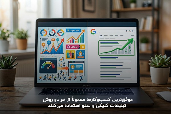 نمایش نتایج مثبت روش تبلغات کلیکی و سئو همزمان با یکدیگر روی صفحه یک لپ تاپ