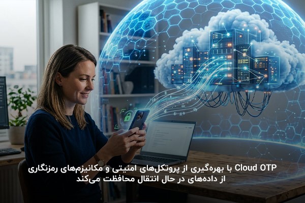 تصویر یک خانم که در حال دریافت کد اهراز هویت به کمک Cloud OTP است و نشان میدهد که اطلاعات او در امنیت است