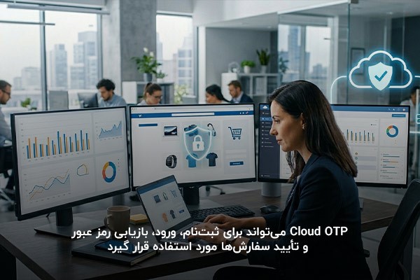 تصویر یک خانم در حال استفاده از Cloud OTP در یک شرکت که نشان دهنده کاربرد Cloud OTP است