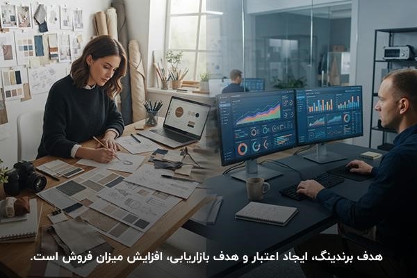در سمت راست تصویر مردی در حال مشاهده مانیتور پر از نمودار و در بخش سمت چپ زنی در حال نوشتن روی کاغذ