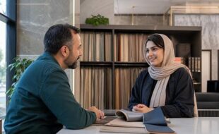 زنی با لباس مشکی و شال کرم در حال صحبت با فروشنده مرد با لباس آبی در فضای داخلی مغازه و انتخاب پارچه