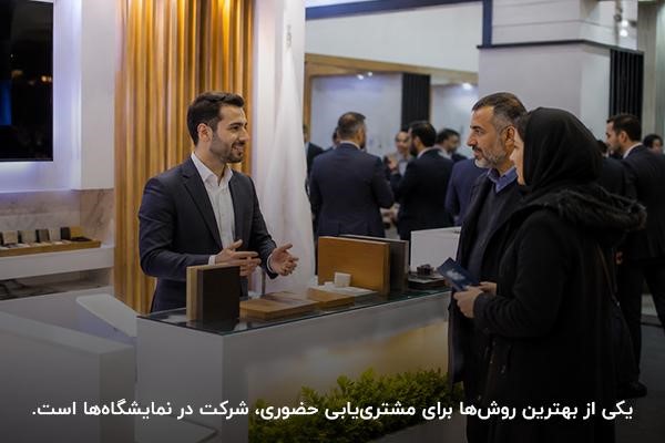 مردی جوان با لباس رسمی در فضای داخلی نمایشگاه در حال توضیح و ارائه محصول برای مرد و زن با پوشش ایرانی
