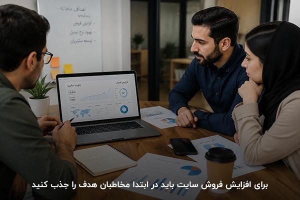 یک زن و دو مرد در فضای داخلی شرکت در حال مشاهده صفحه لپتاپ و نمودارهای فروش
