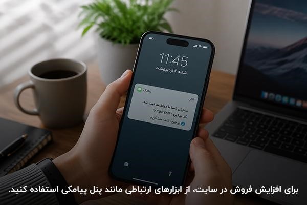 تصویر موبایل در دست فردی و پیامک ثبت سفارش روی نمایشگر
