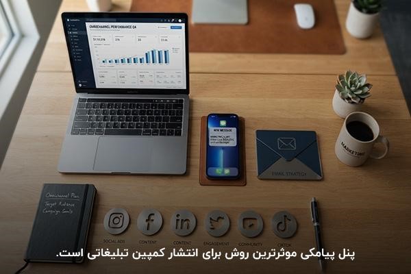 لپتاپ و موبایل روشن روی میز چوبی در کنار فنجان چای و آیکونهای انواع شبکههای اجتماعی در پایین صفحه